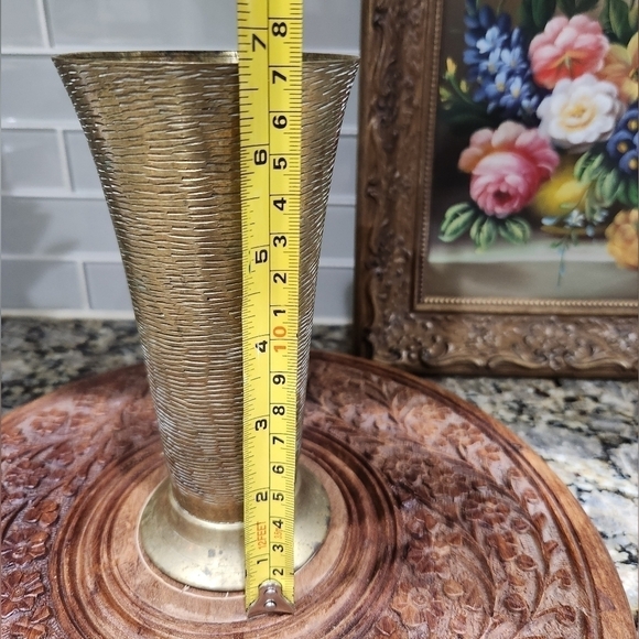 Vintage 7" Etched Brass Flower Vase - Picture 3 of 6